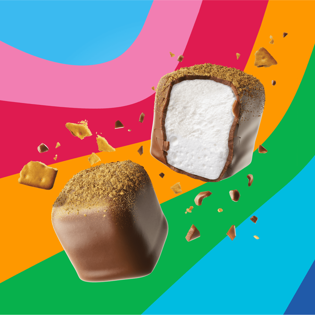 Chocolate covered marshmallow with graham cracker crumbs on a colorful background.