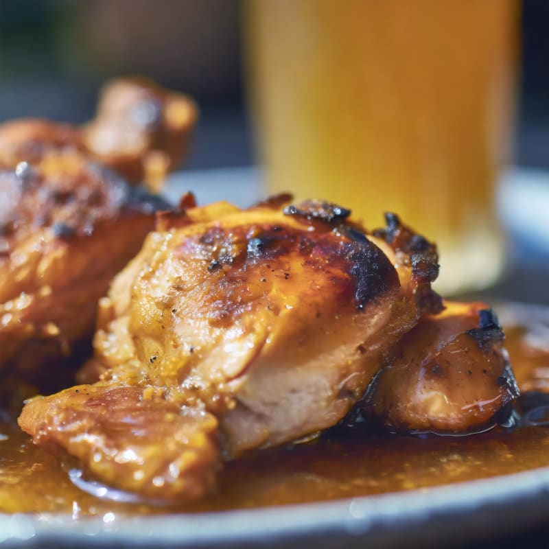 Glazed grilled chicken thighs coated in thick BBQ sauce served in a shallow blue dish.