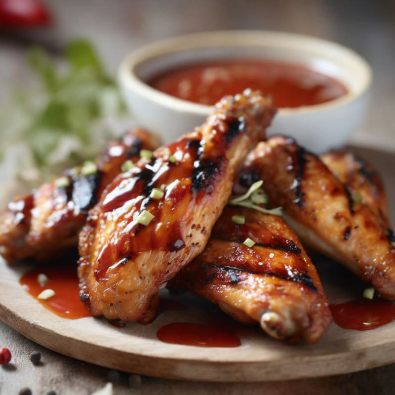 Grilled honey garlic chicken wings with a sticky glaze and green onion garnish on a wooden board.