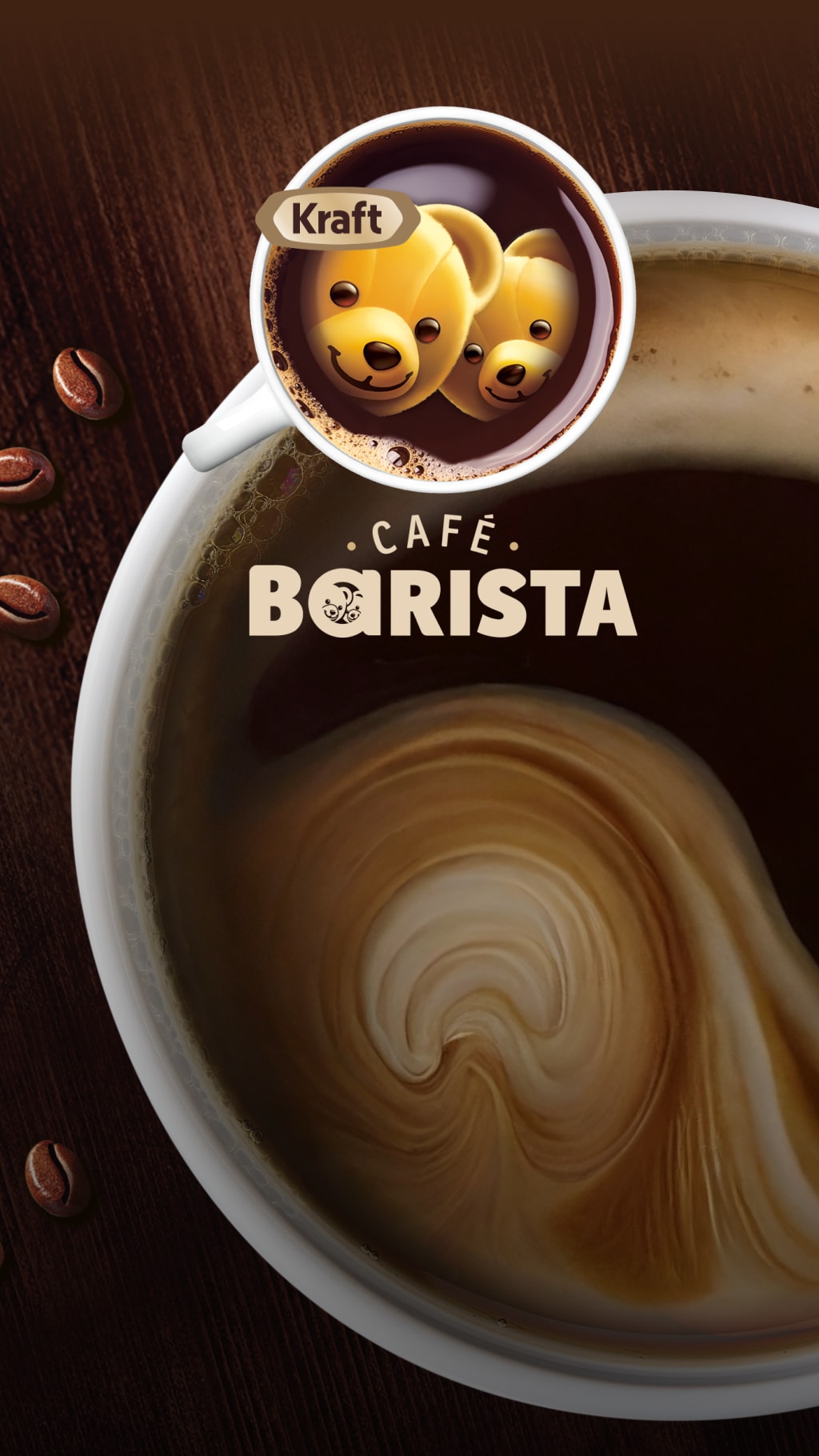 Coffee cup with coffee beans and a teddy bear design in the coffee.