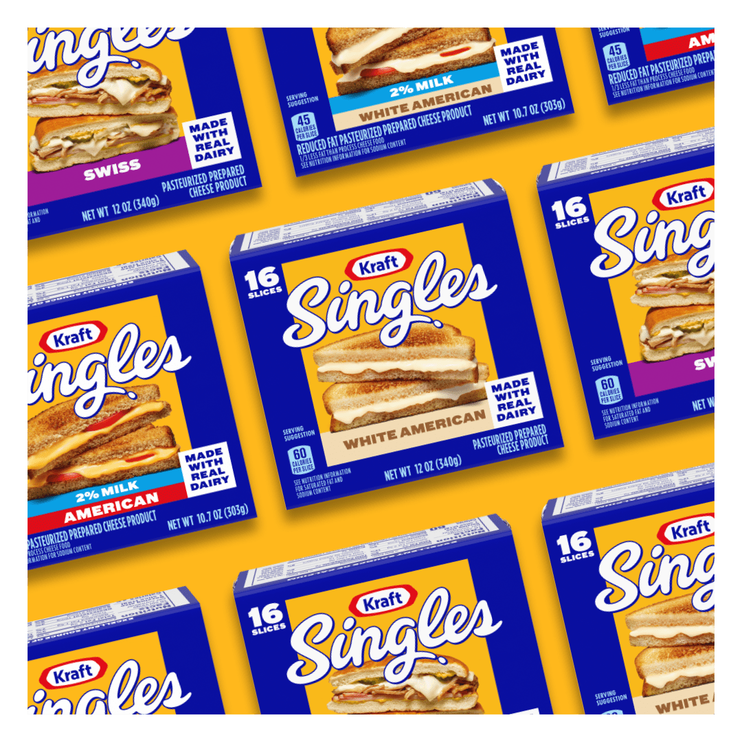 Images of Kraft Singles cheese slices in different varieties.