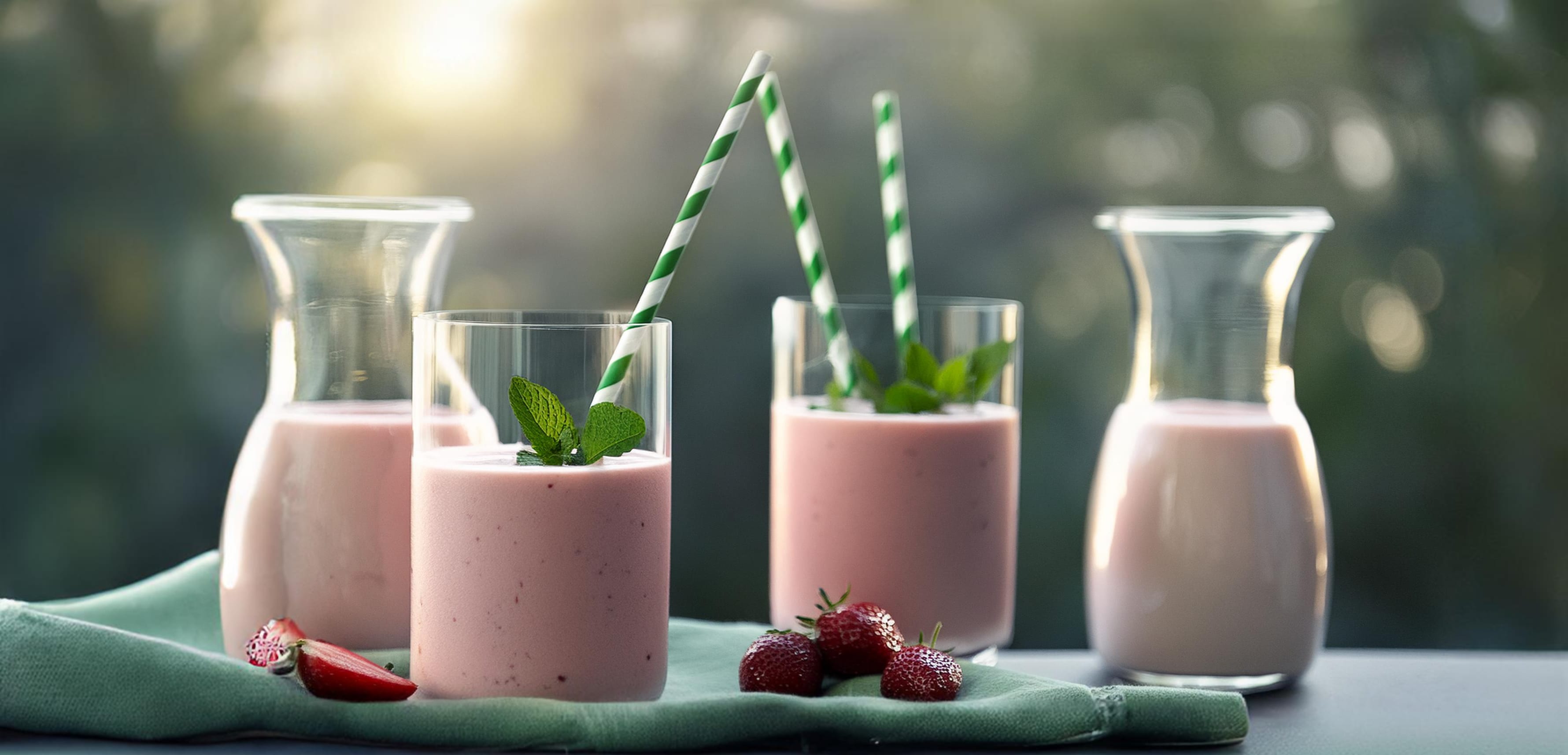 Roze aardbeien-munt smoothie met groen-wit gestreepte rietjes in glazen op een groene doek.