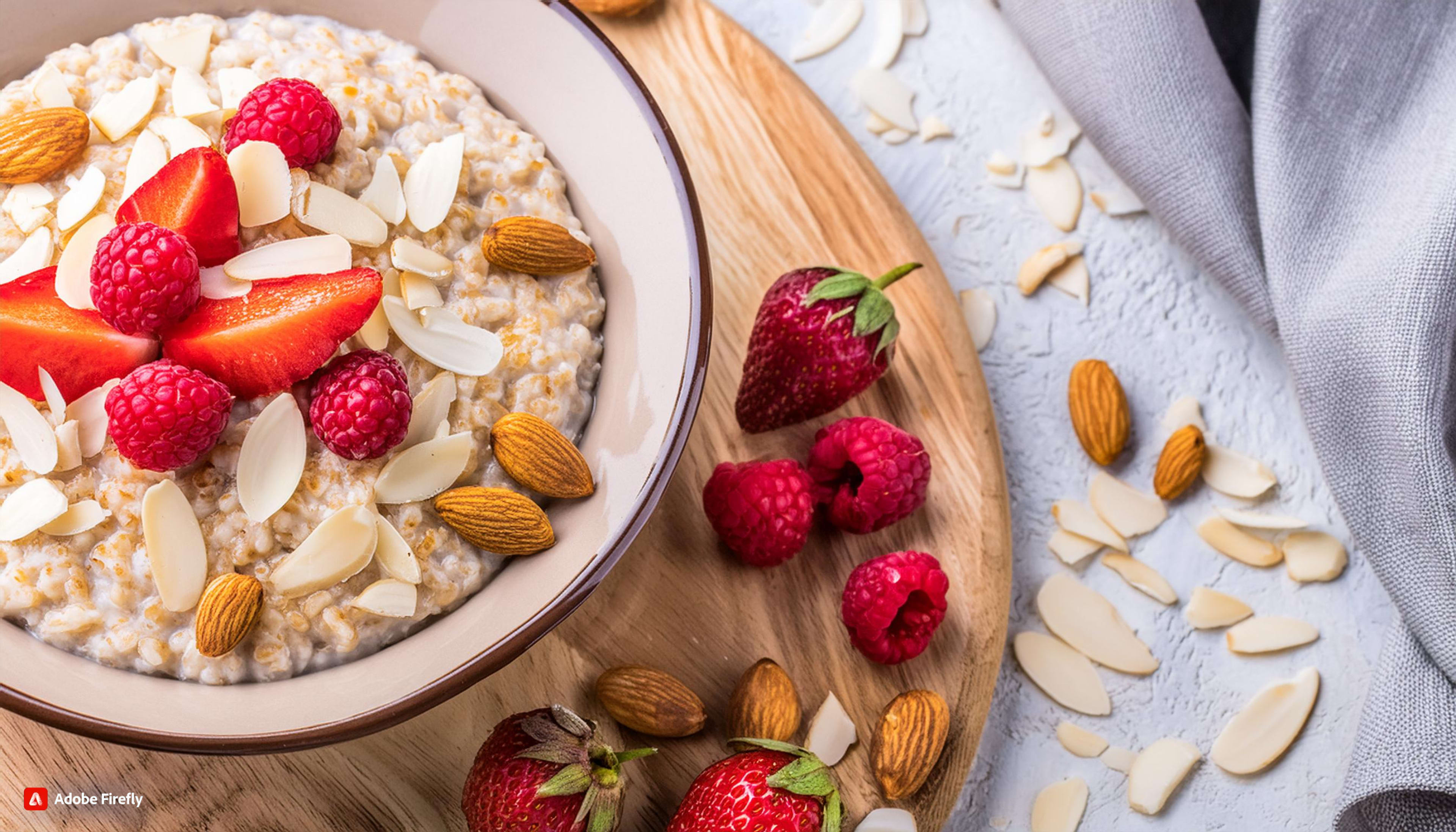 Kom havermoutpap met amandelschaafsel, aardbeien en frambozen op een houten serveerplank.