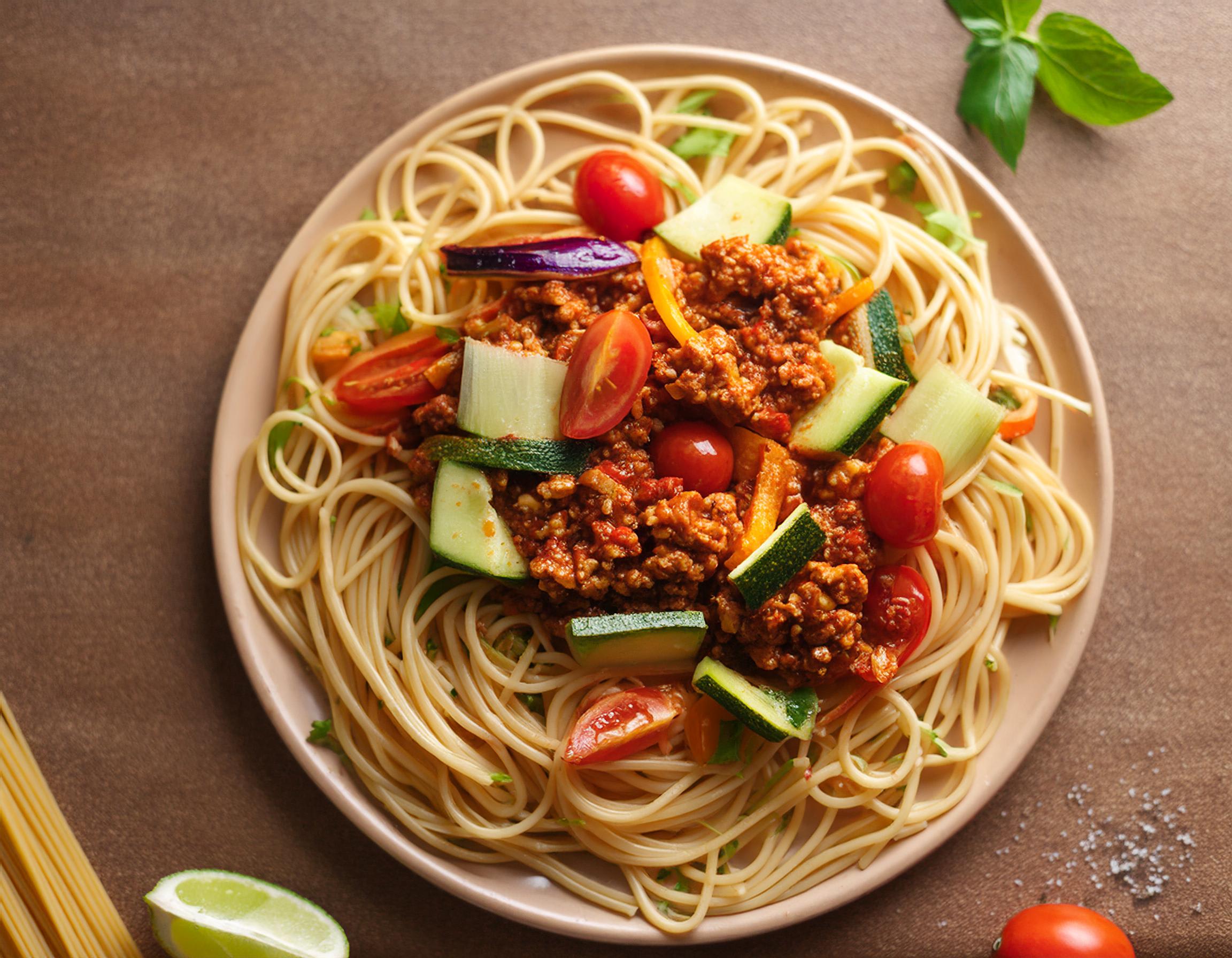 Spaghetti met bolognesesaus, gehalveerde kerstomaatjes, courgette en geraspte kaas.