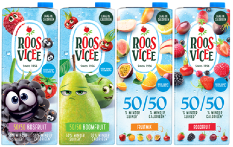 Een productlijn van Roosvicee-sapdozen.