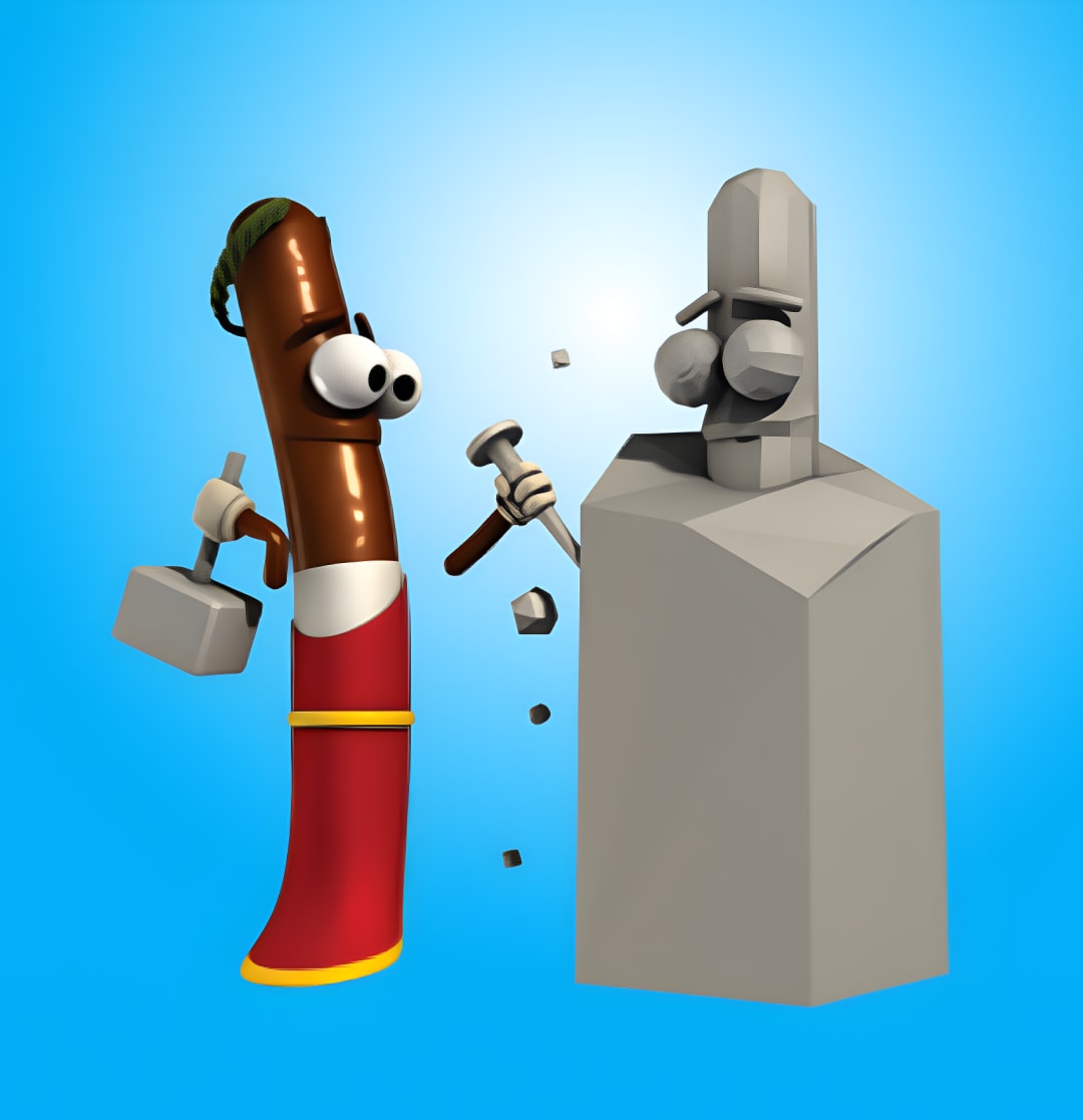 Een hagelslag die een beeld van zichzelf uit steen snijdt.