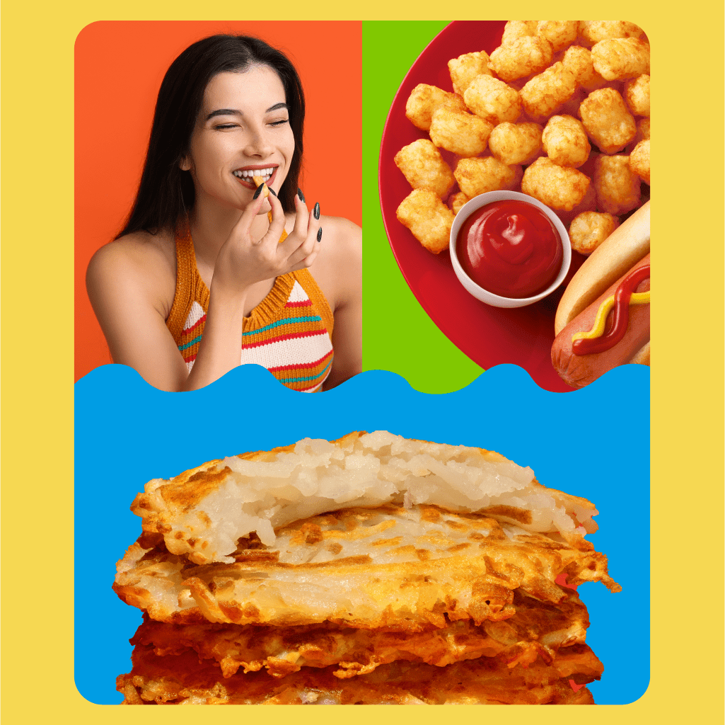 Image of a woman eating tater tots, hot dog, and hash browns.