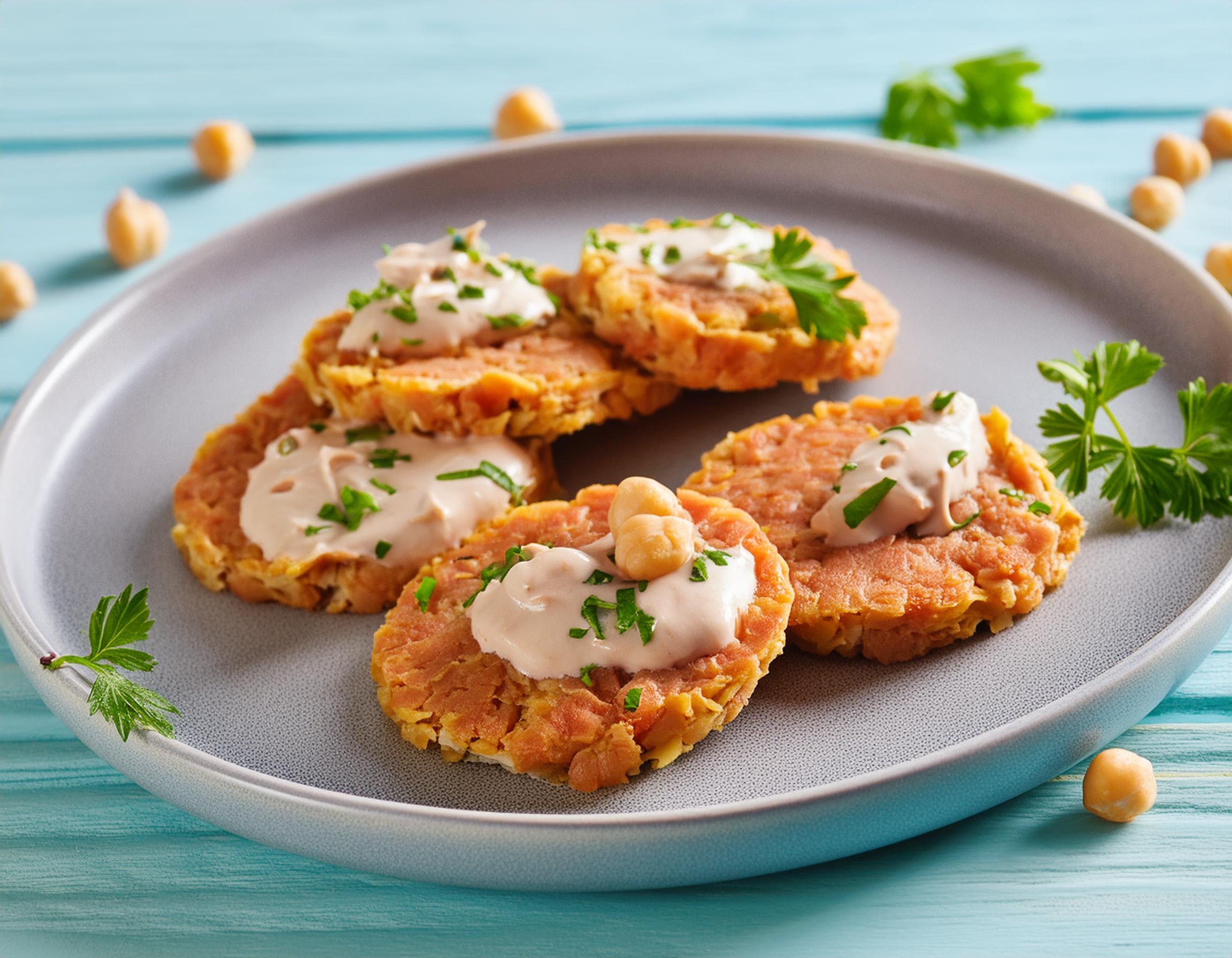 Kotleciki z ciecierzycy i tuńczyka z sosem jogurtowym na niebieskim tle.