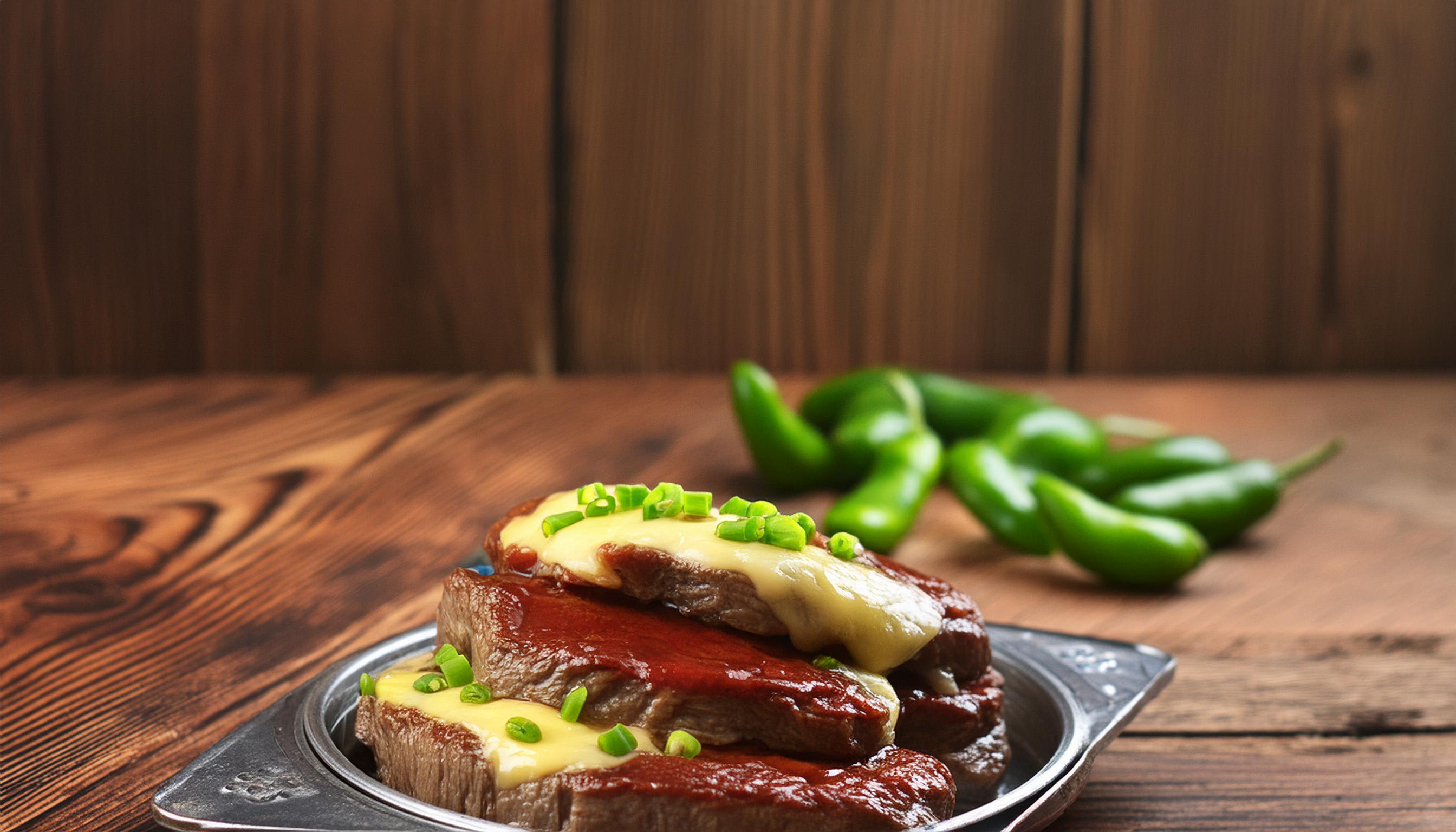 Sliced steak topped with melted cheese and chives, served on a tray with green peppers.