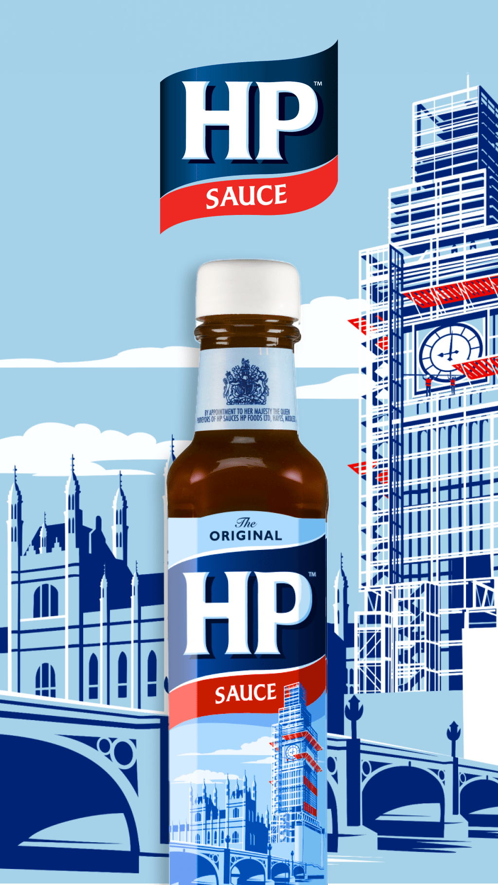 HP Sauce bottle with London skyline background.