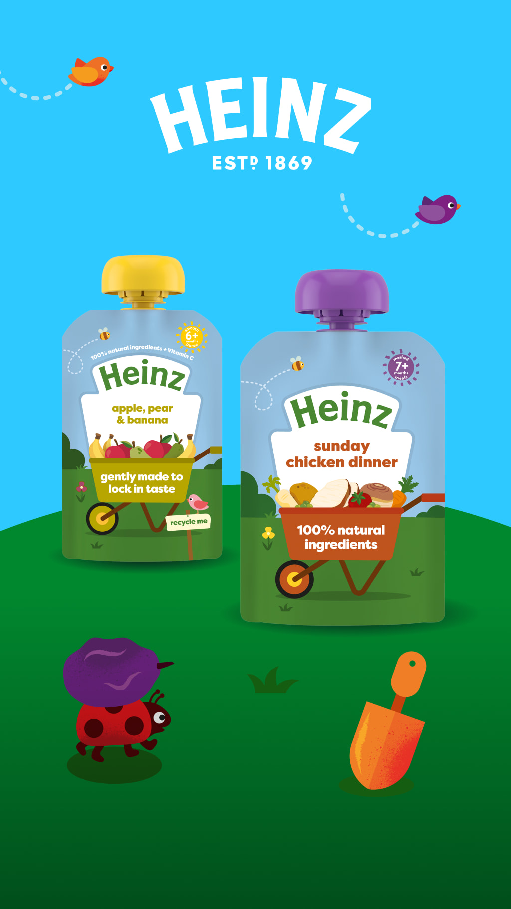 Heinz baby food pouches featuring fruit and chicken dinner in a cartoon style.