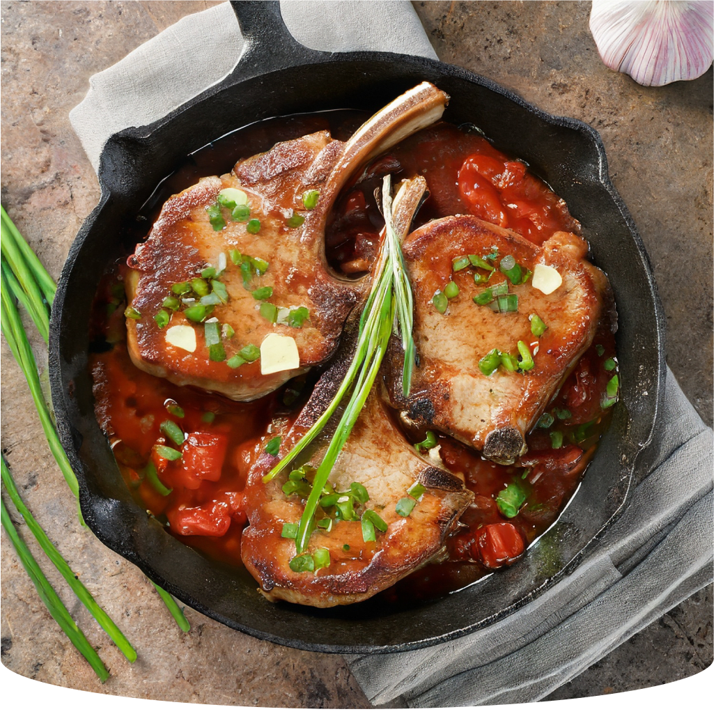 Pork chops in a pan with tomato sauce and herbs.