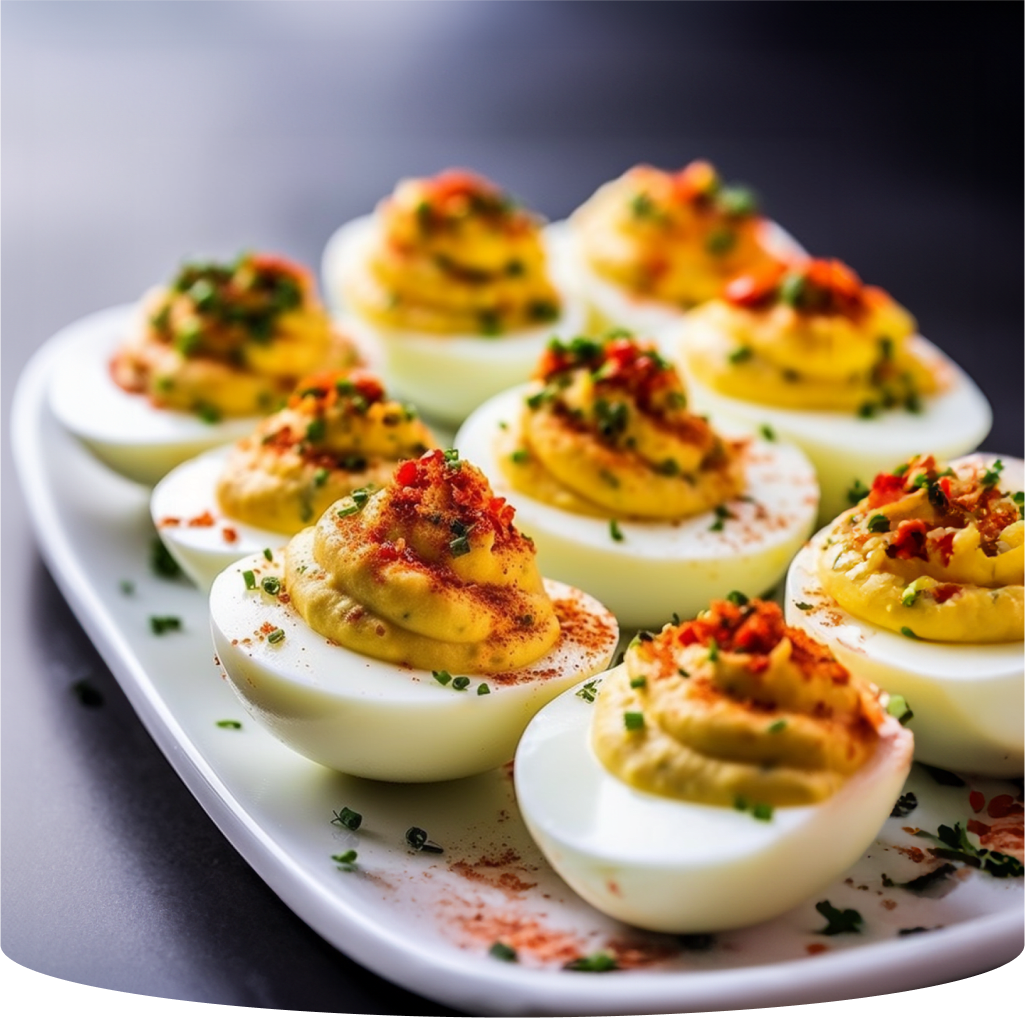 Deviled eggs topped with paprika and chives.