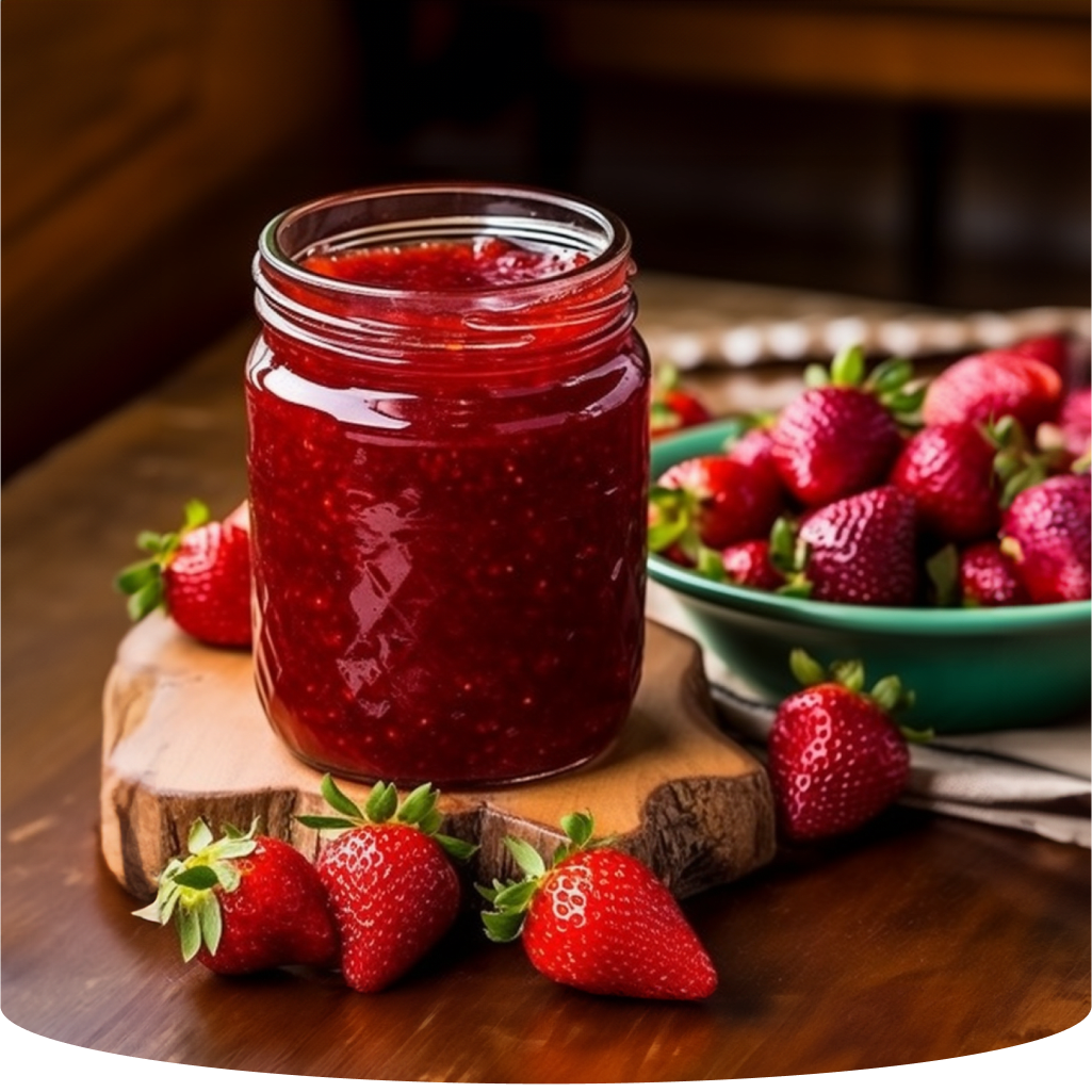 A clear glass jar filled with vibrant, homemade strawberry jam sits on a wooden board, surrounded by fresh, ripe strawberries