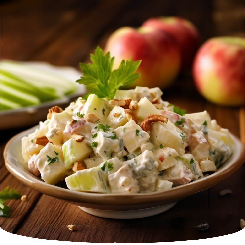 Waldorf salad with apples, celery, walnuts, and mayonnaise dressing.