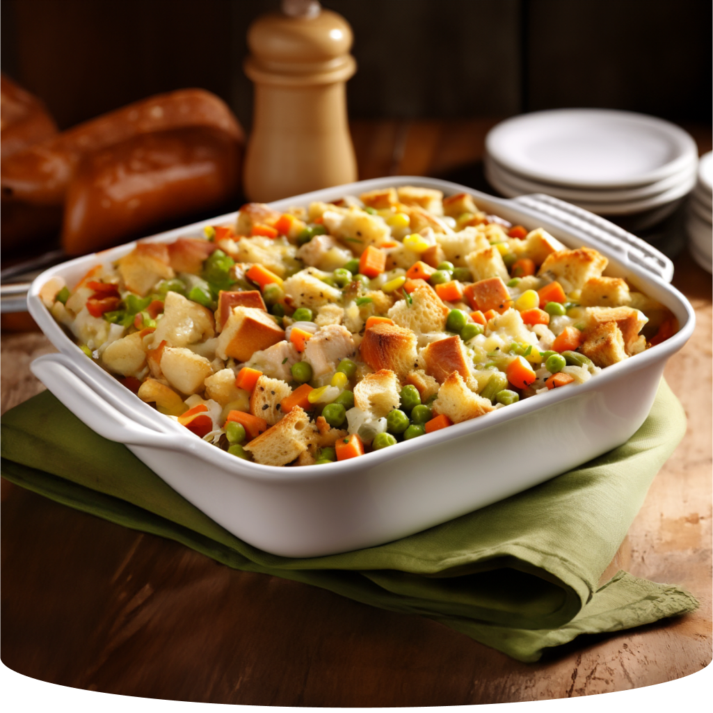 Casserole dish filled with chicken and vegetables.