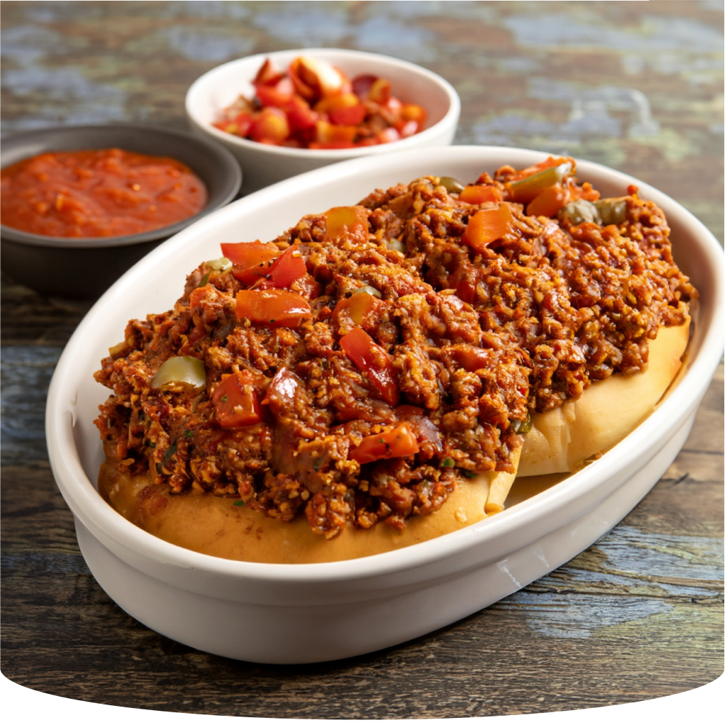 Sloppy Joe on an oblong plate.