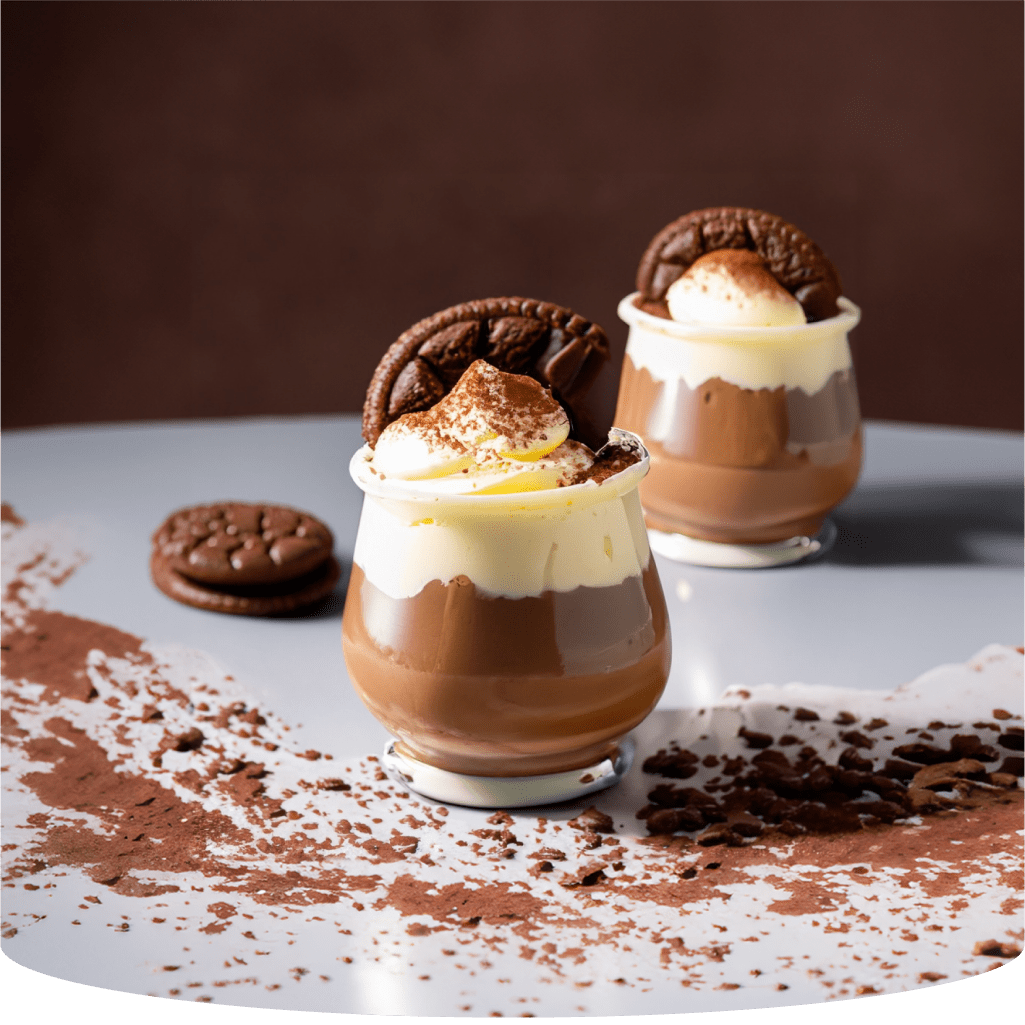 Chocolate dessert in a glass with cookie topping.