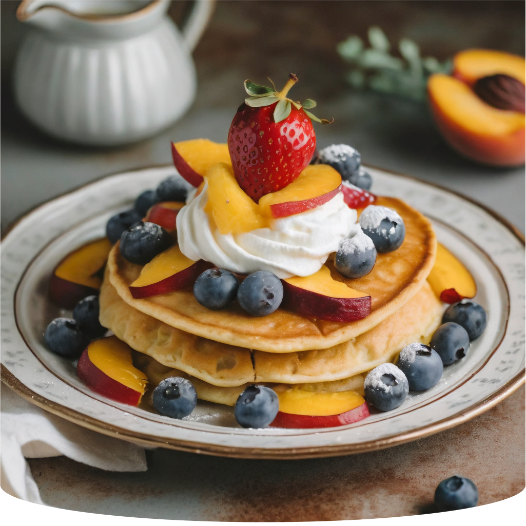 Pancakes with strawberry, blueberries, peaches and whipped cream.