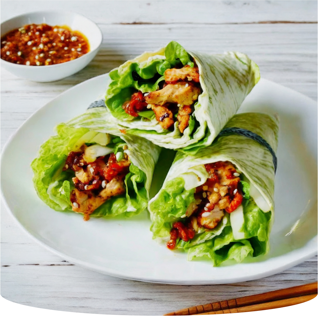 Lettuce wraps with chicken and sauce.