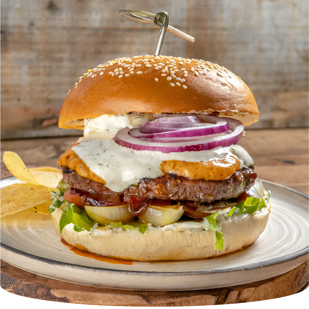 A burger with beef, cheese, lettuce, tomato, and onion rings.