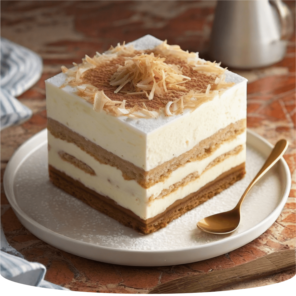 Carré de gâteau avec couches blanches et garniture râpée.