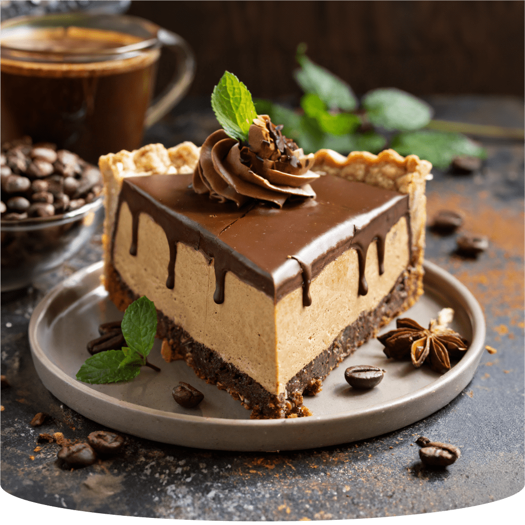 A slice of coffee tart with chocolate glaze, coffee beans, and a cup of coffee.