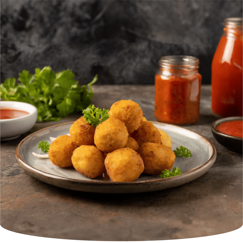 A plate of arancini with sauce.