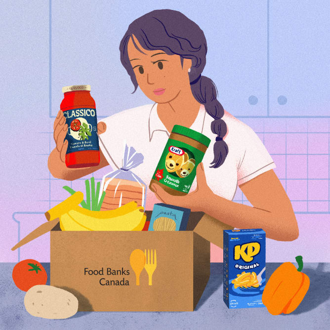 Woman packing a box of groceries from Food Banks Canada.