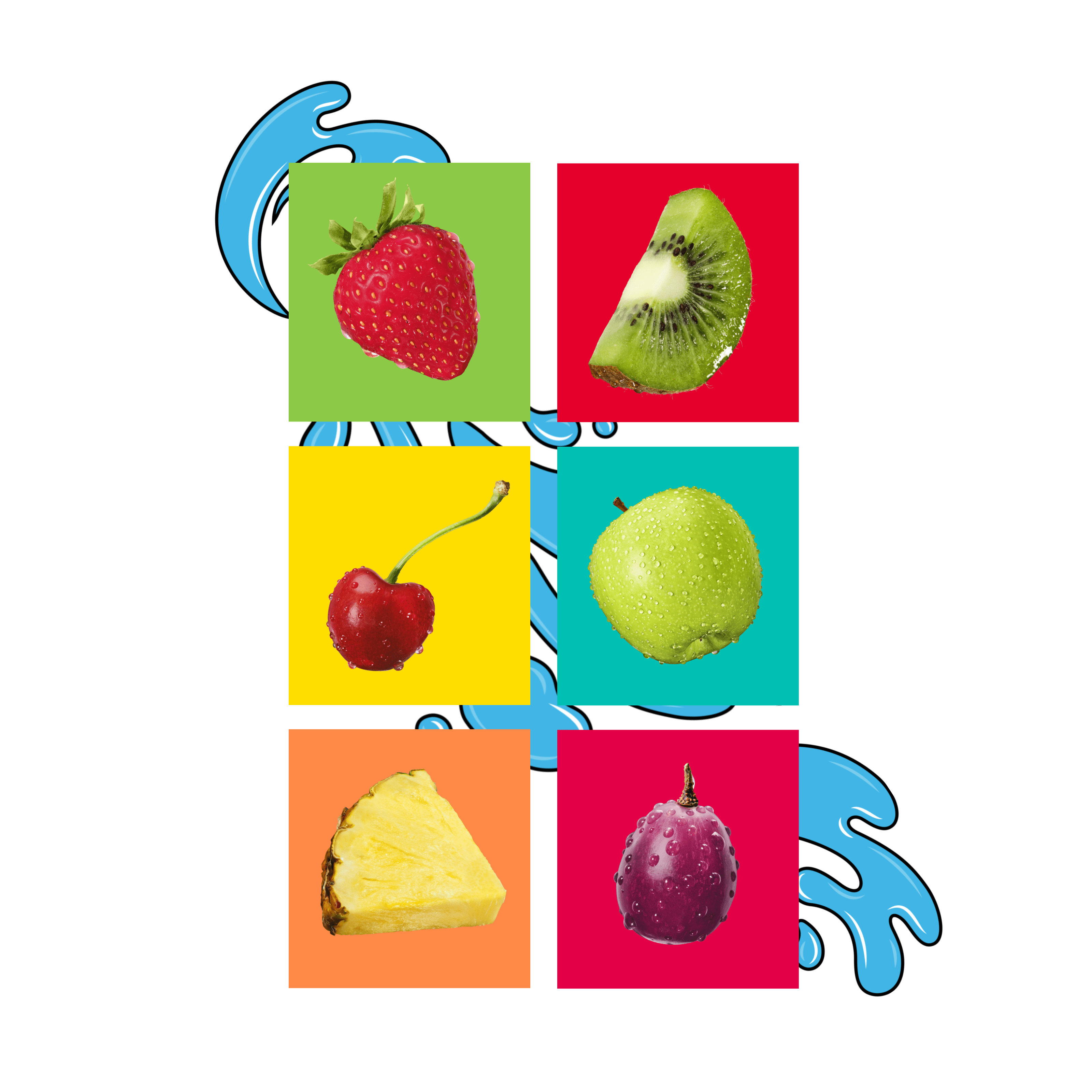Assorted fruits on colorful squares with water droplets.