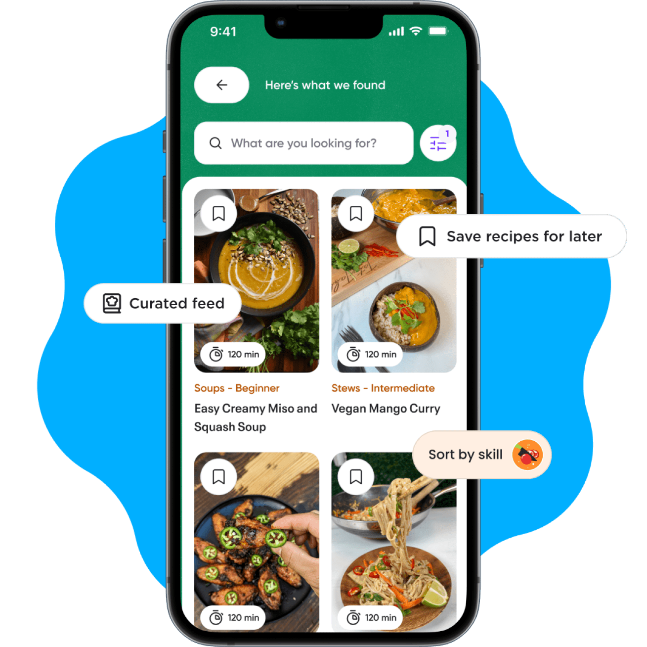 Mobile app interface for finding recipes.