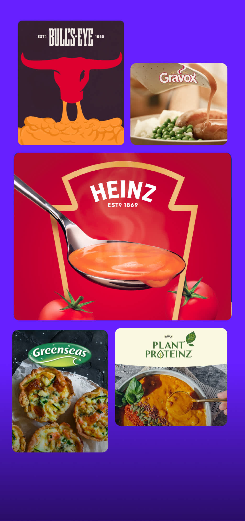 Collage of food product images, including brands like Heinz, Gravox, and Fountain.