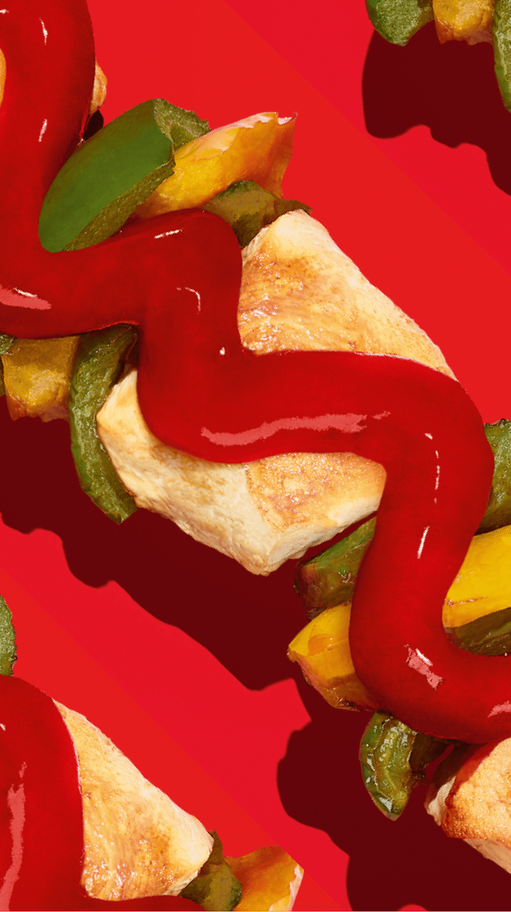 Grilled chicken skewer with peppers and ketchup.