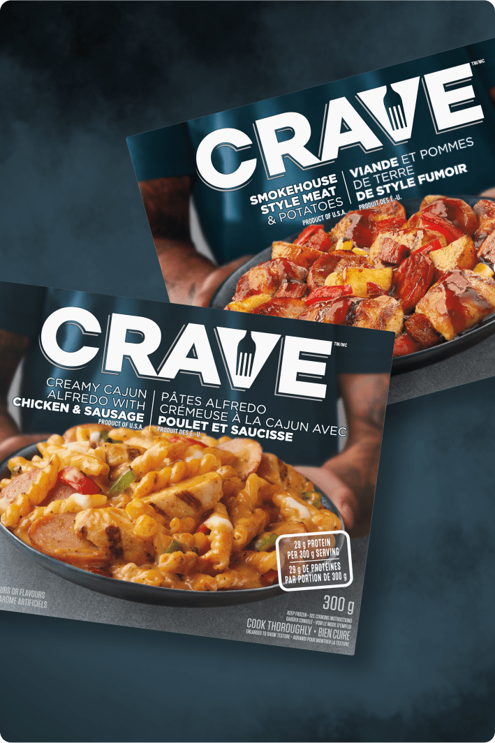 Two CRAVE meals: Smokehouse style meat & potatoes, and creamy cajun alfredo with chicken & sausage.
