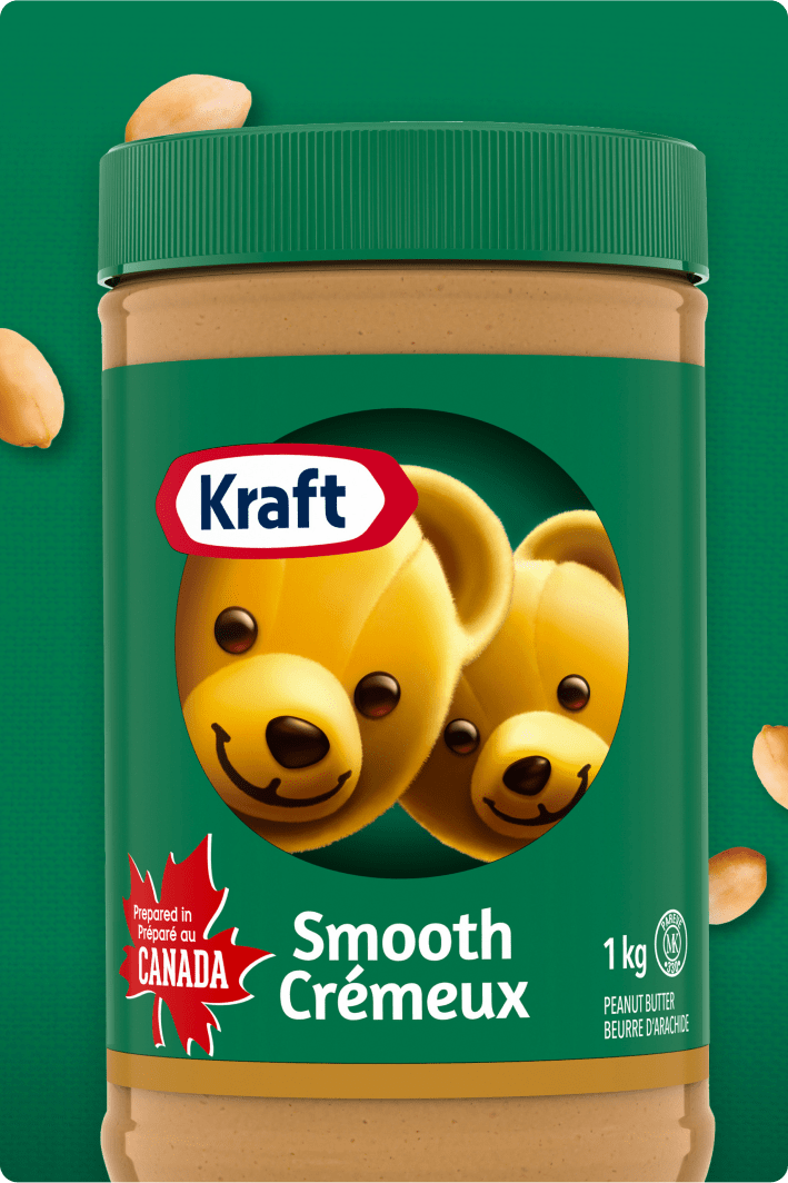 Jar of Kraft Smooth peanut butter with bears.