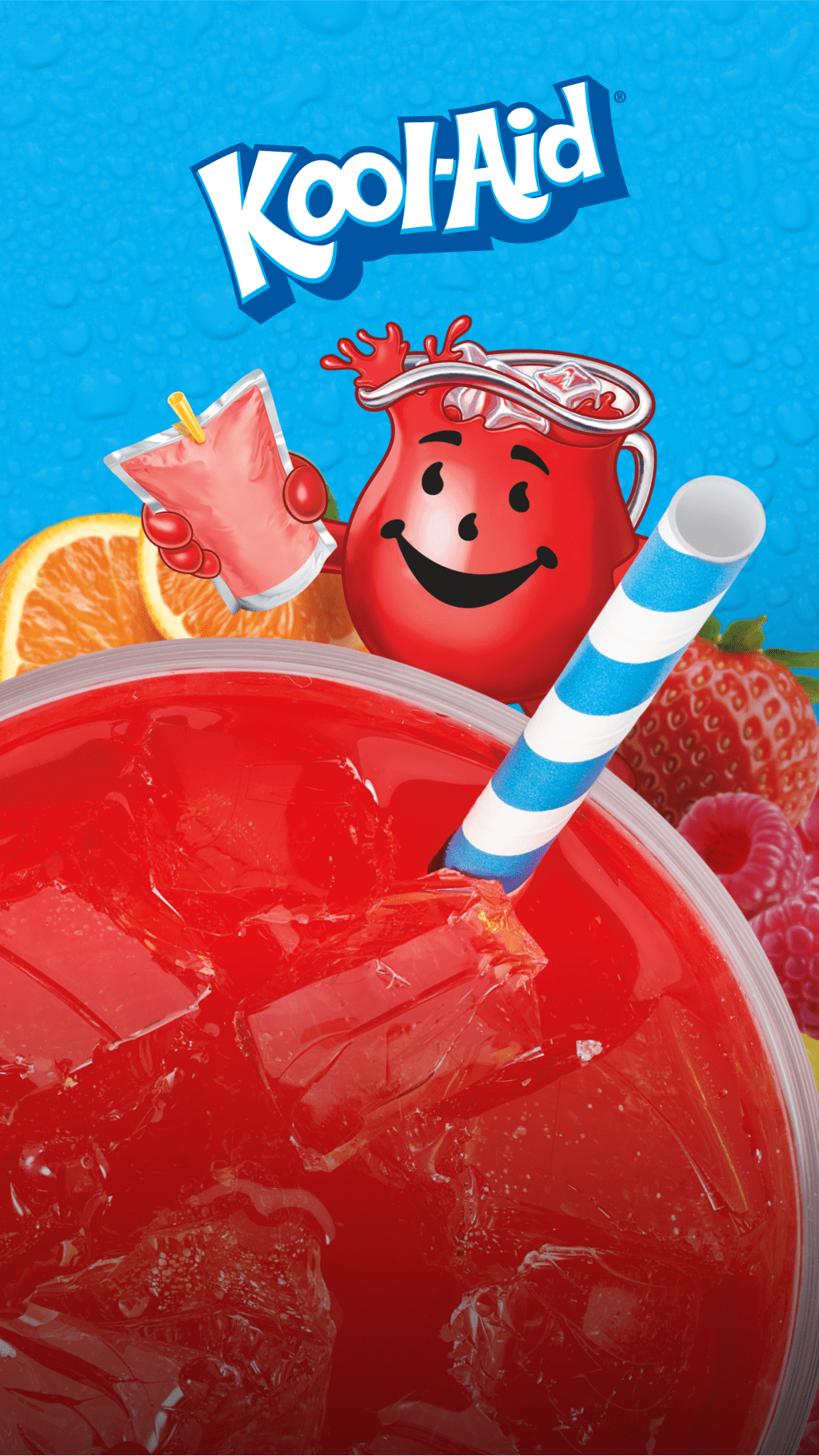 Image of the Kool-Aid Man next to a cup of Kool-Aid with fruit.