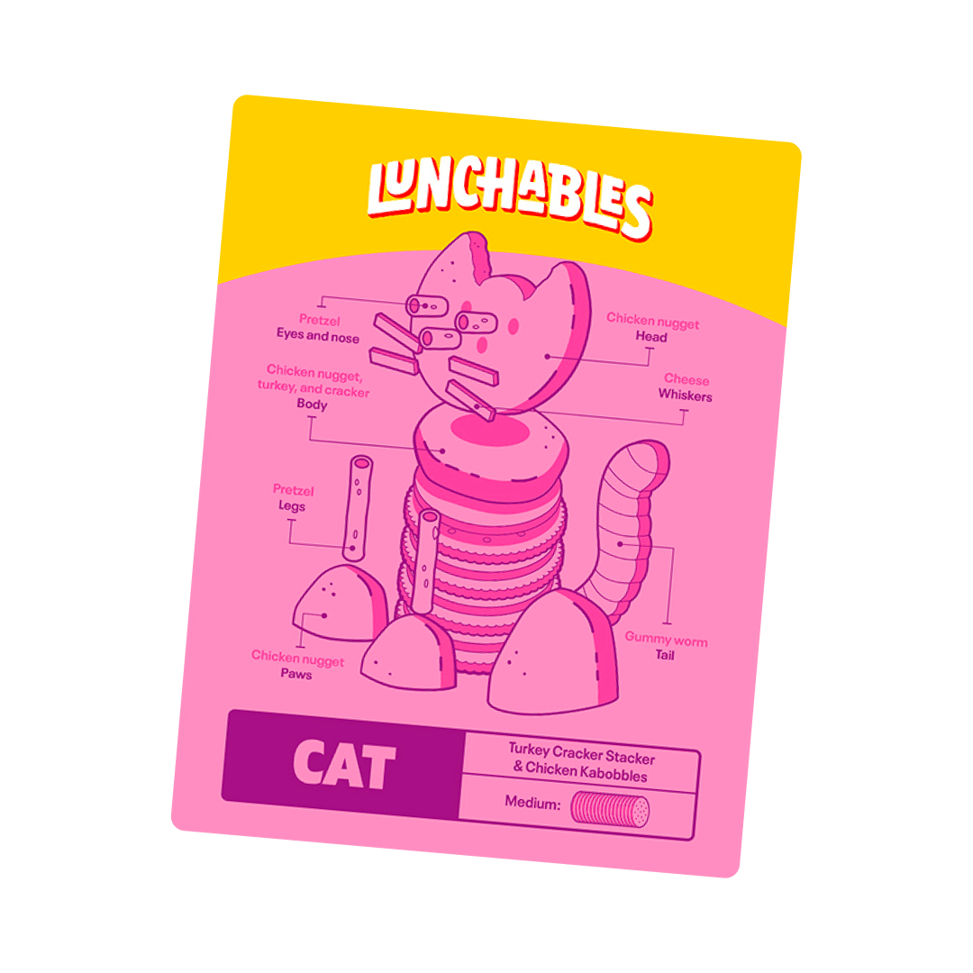 Lunchables cat made of pretzels, chicken nuggets, crackers, cheese, and gummy worm.