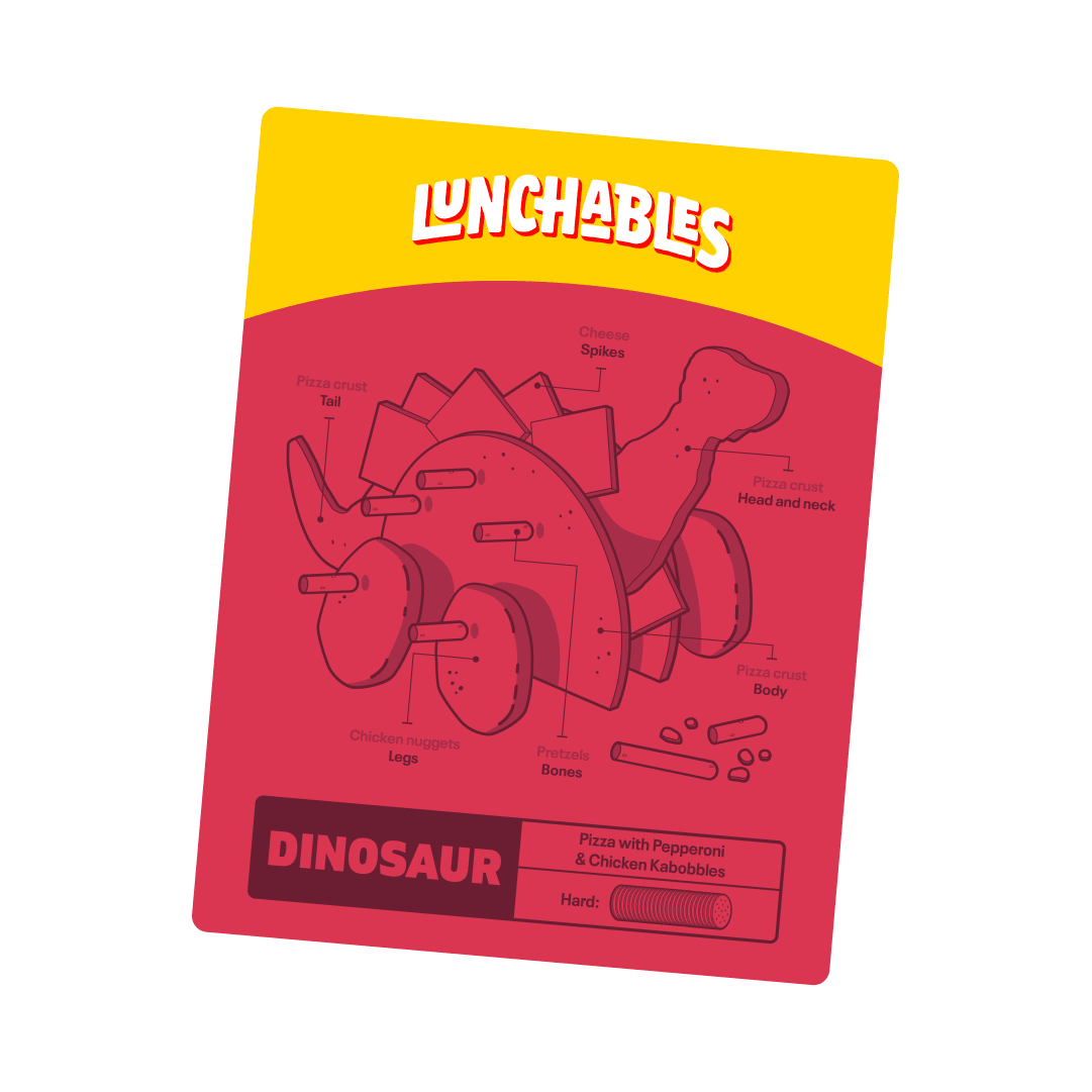 Lunchables box art: A dinosaur made of pizza crust, chicken nuggets, and pretzels.