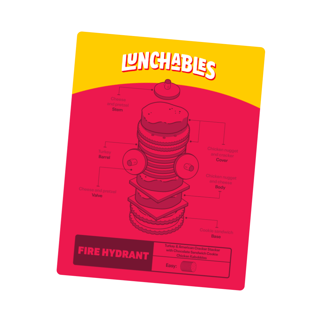 Lunchables fire hydrant made of stacked crackers, cookies, turkey, cheese, and chicken nuggets.