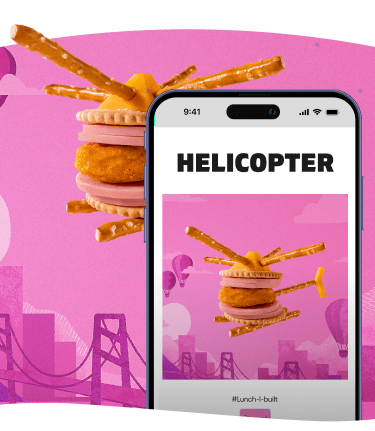 A food helicopter made of crackers, meat, cheese, and pretzels, with a pink background.