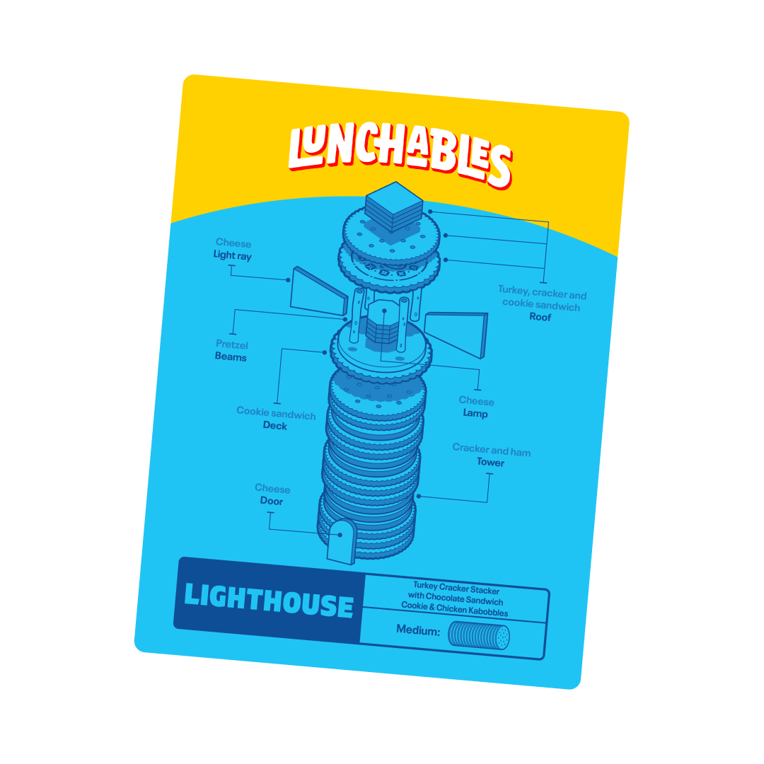 Lunchables lighthouse made of crackers, cheese, pretzels, and cookies.