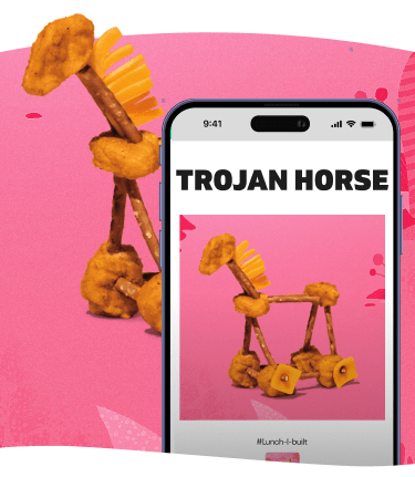 Trojan horse sculpture made of chicken nuggets, pretzels, and cheese on a pink background.