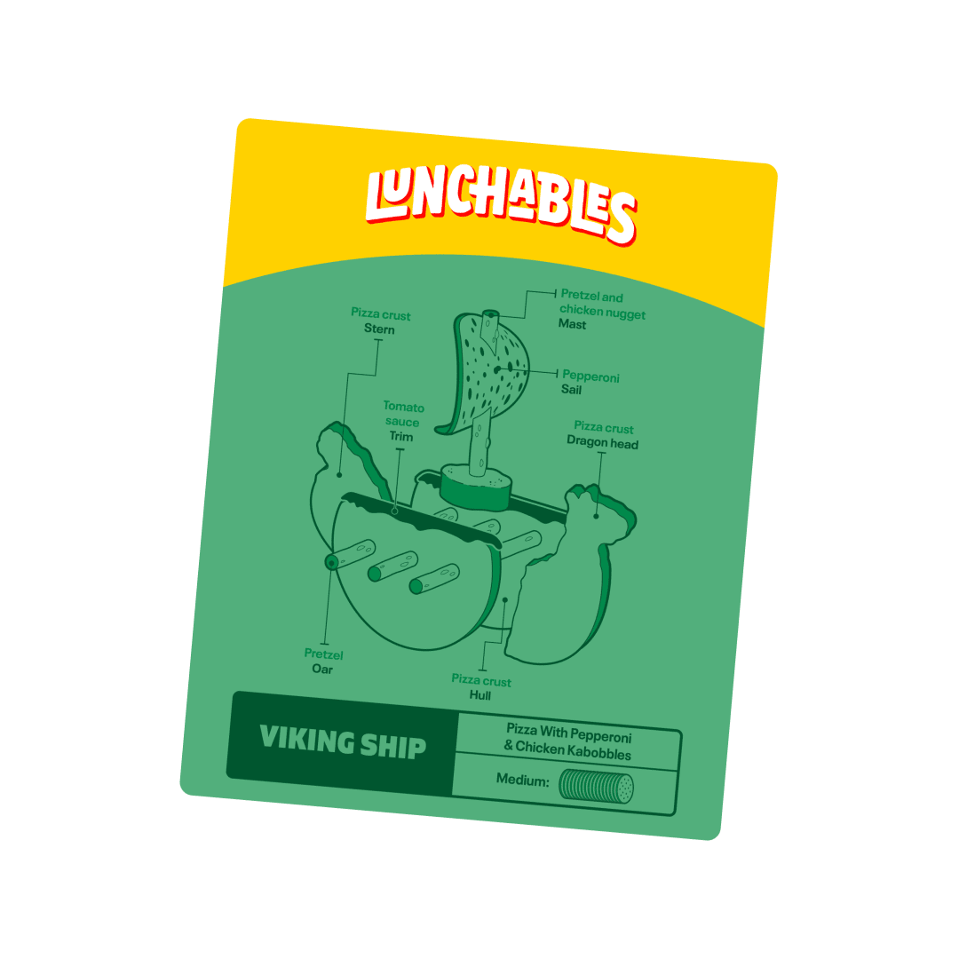 A Lunchables Viking ship made of pizza crust, pretzels, pepperoni, and chicken nuggets.