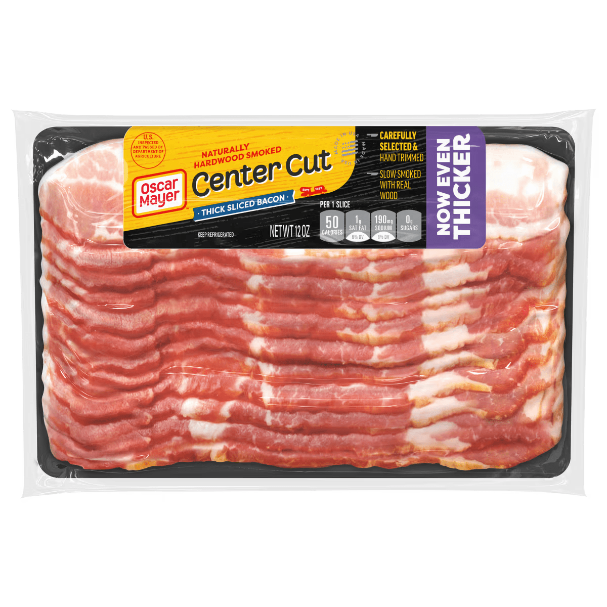 A 12oz package of Oscar Mayer Naturally Hardwood Smoked Center Cut Thick Sliced Bacon, showcasing the layers of bacon in the 