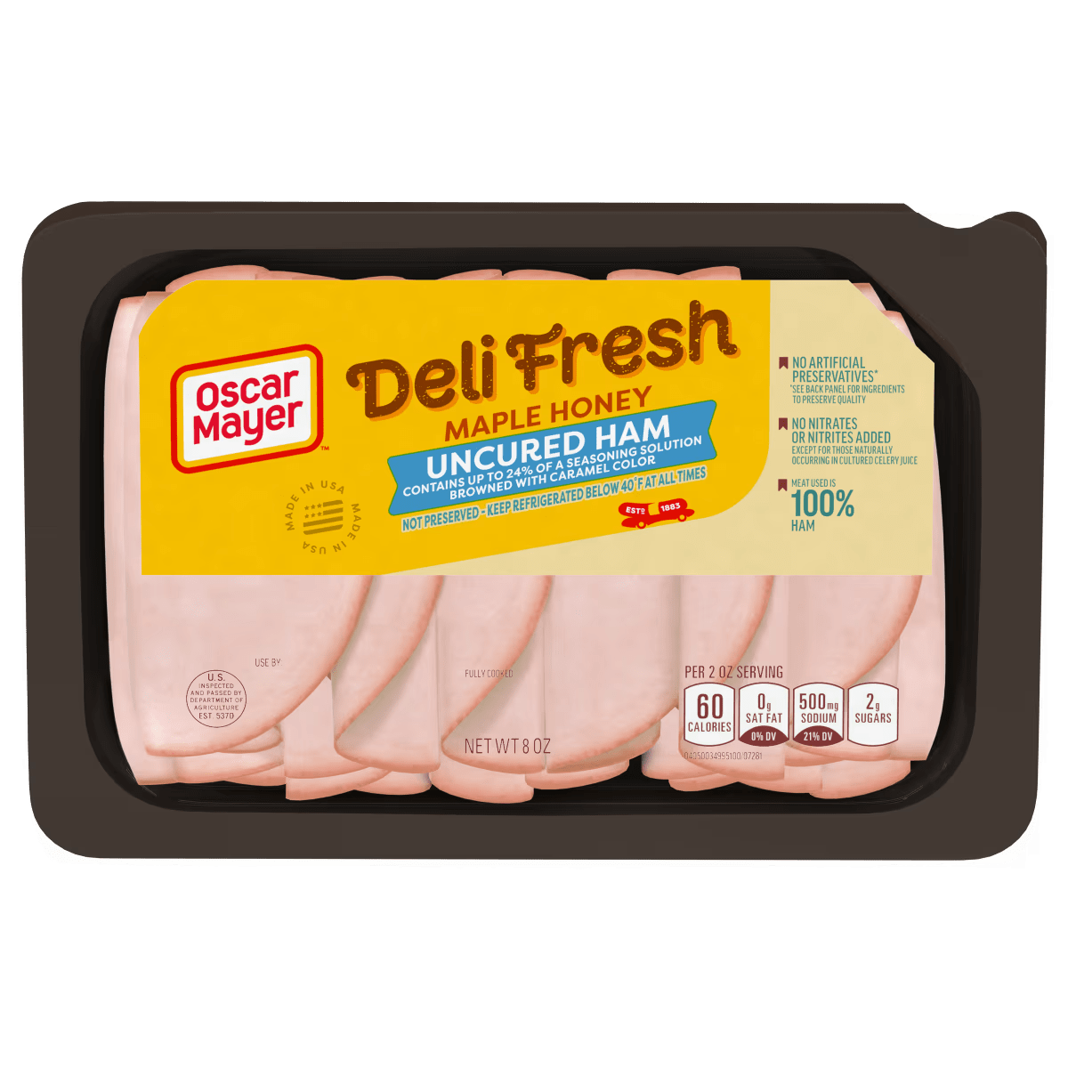 An 8oz package of Oscar Mayer Deli Fresh Maple Honey Uncured Ham. The label states it contains up to 24% of a seasoning solut