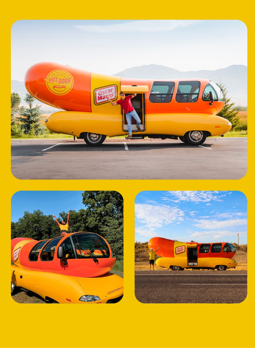 A collage of five different photos featuring the Oscar Mayer Wienermobile in a variety of settings: a parking lot, a downtown