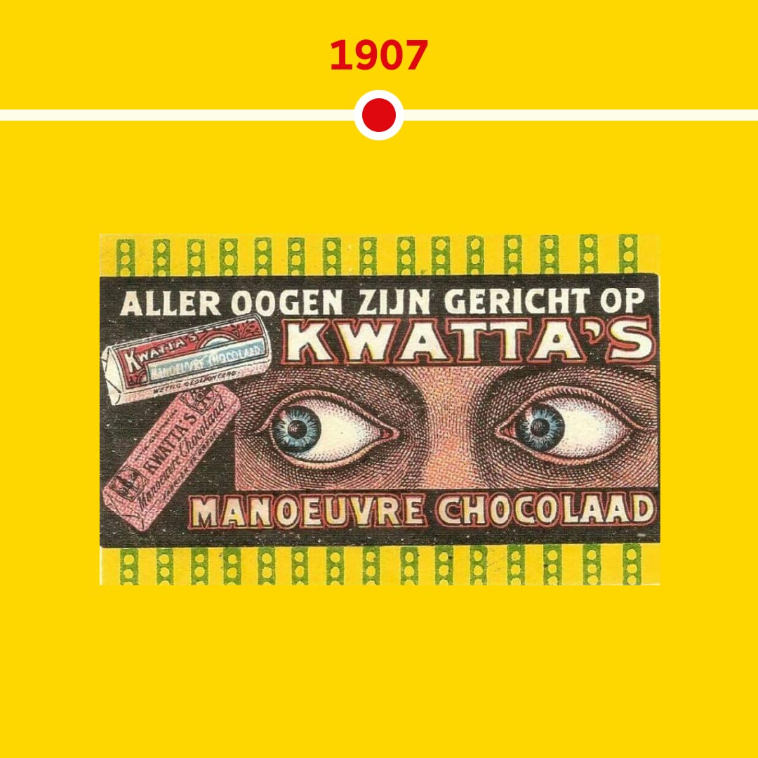 Vintage Kwatta's Schokoladenanzeige mit Augen und dem Jahr 1907.