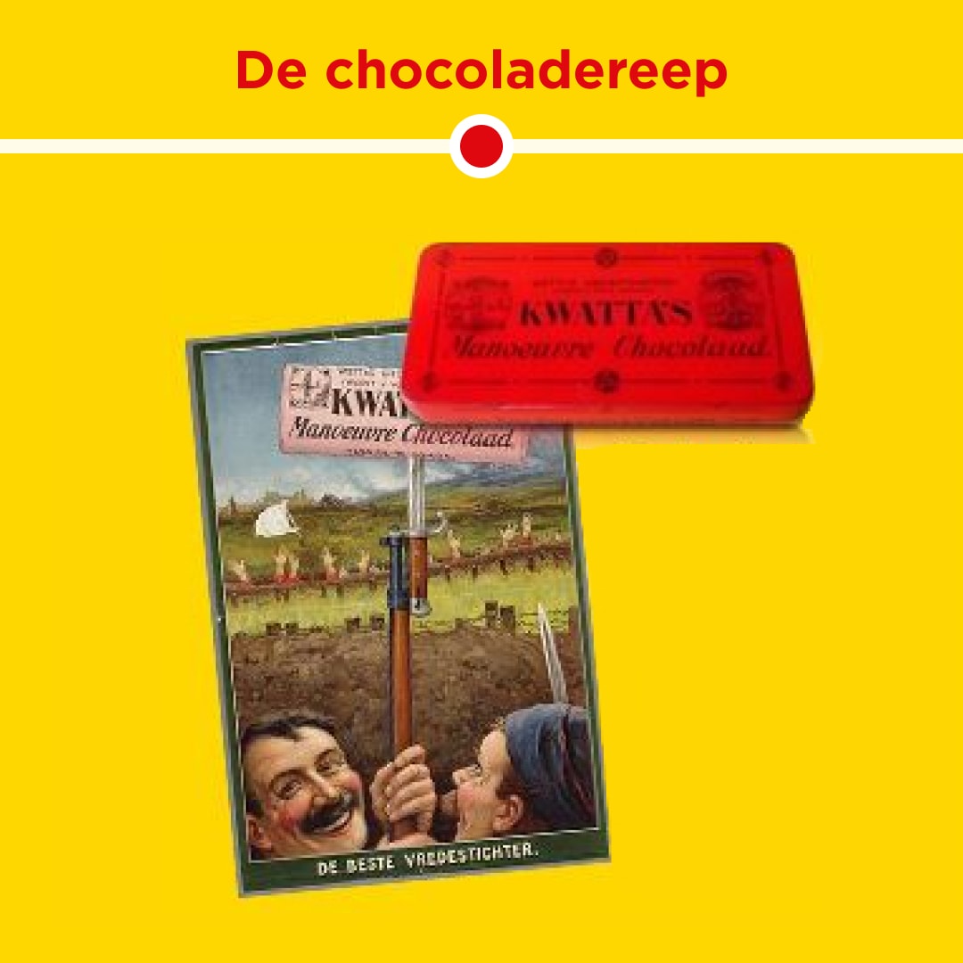 Vintage-Schokoladenbox mit Werbung für Kwatta's Manoeuvre Chocolaad.