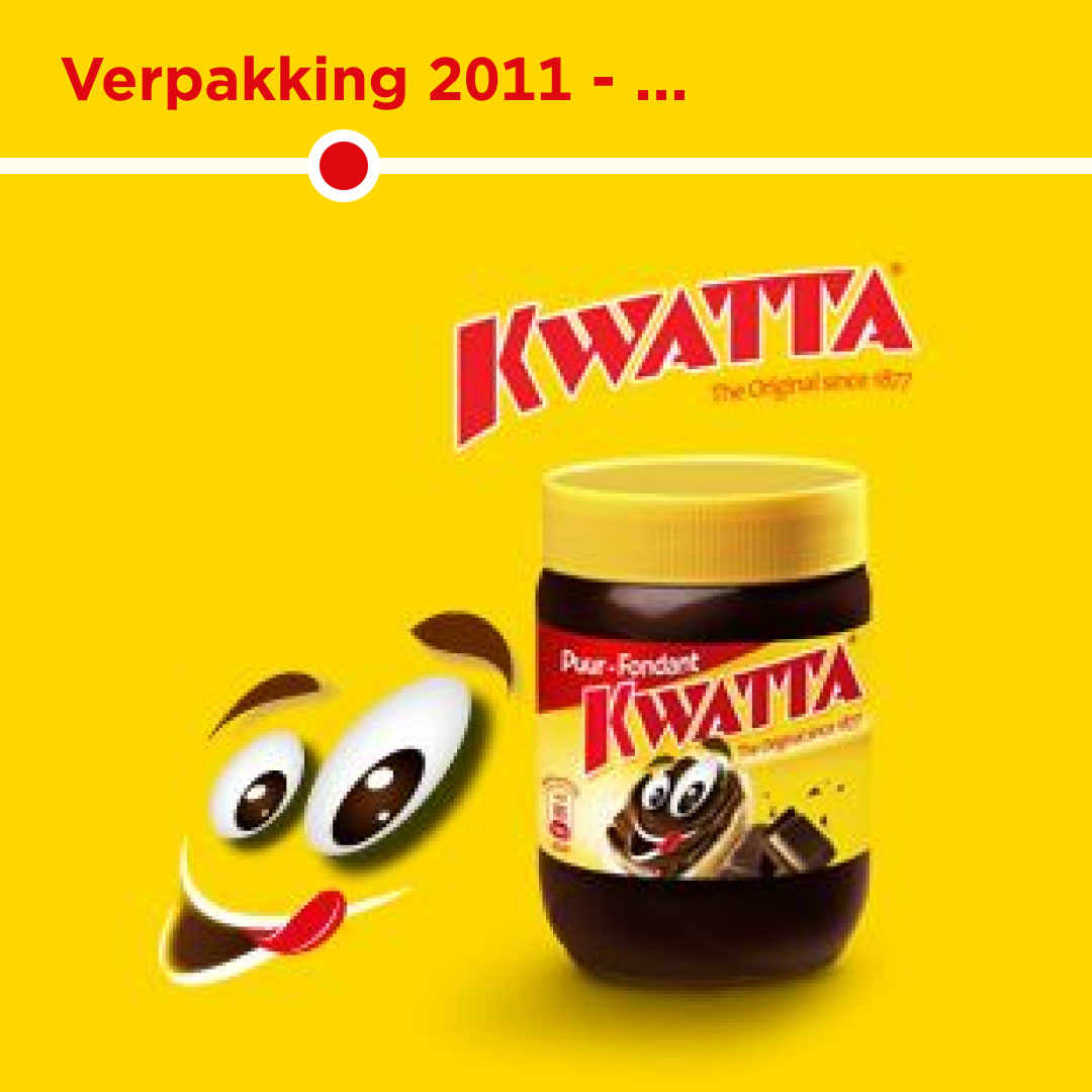 Ein Glas Kwatta Schokoladenaufstrich mit einem Cartoon-Gesicht auf gelbem Hintergrund.