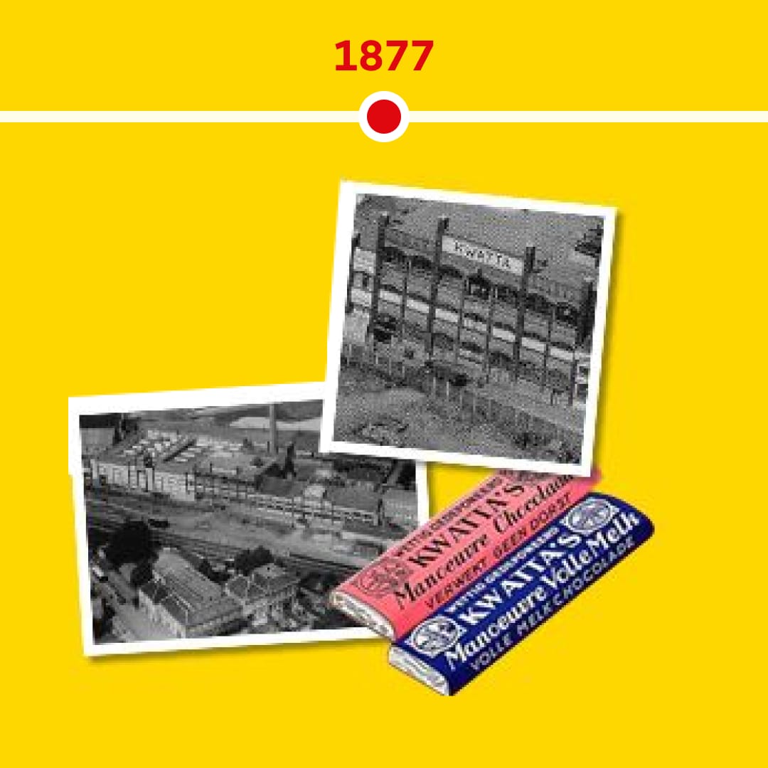 Bild aus dem Jahr 1877 mit Kwatta Schokoladenfabrik und Vintage-Schokoladenverpackung.